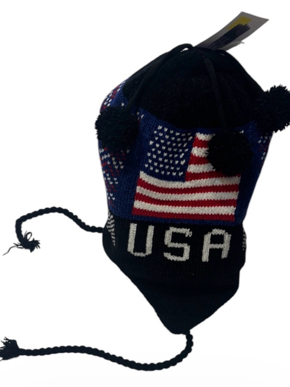 USA   Beanie Hat Ski - knitted double layer with Pom-Poms -